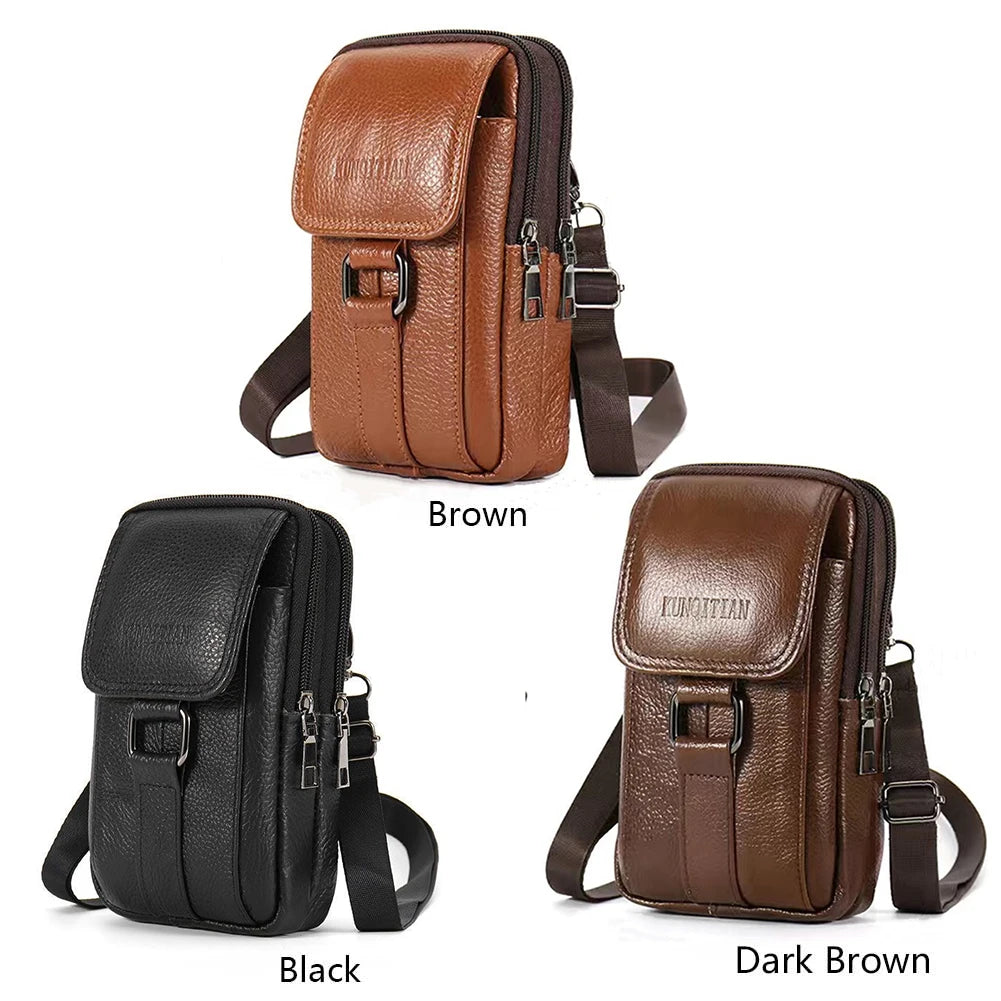 Portable Men Messenger Bags Cowhide Leather Belt Waist Pack Fashion Simple Multi-pockets Casual for Outdoor Sport