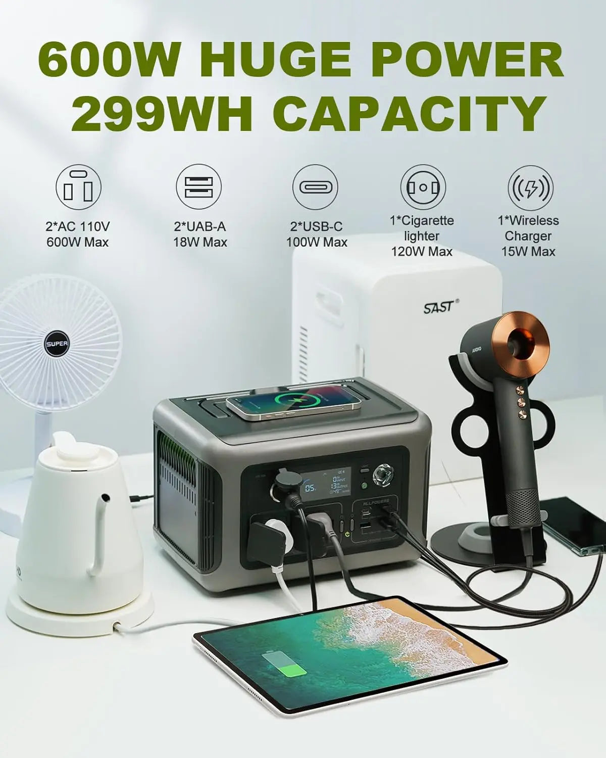 ALLPOWERS R600 Powerstation With Solarpanel 100W , LiFePO4 Battery 299Wh Camping Generator 600W Power Supply for Home Backup RV