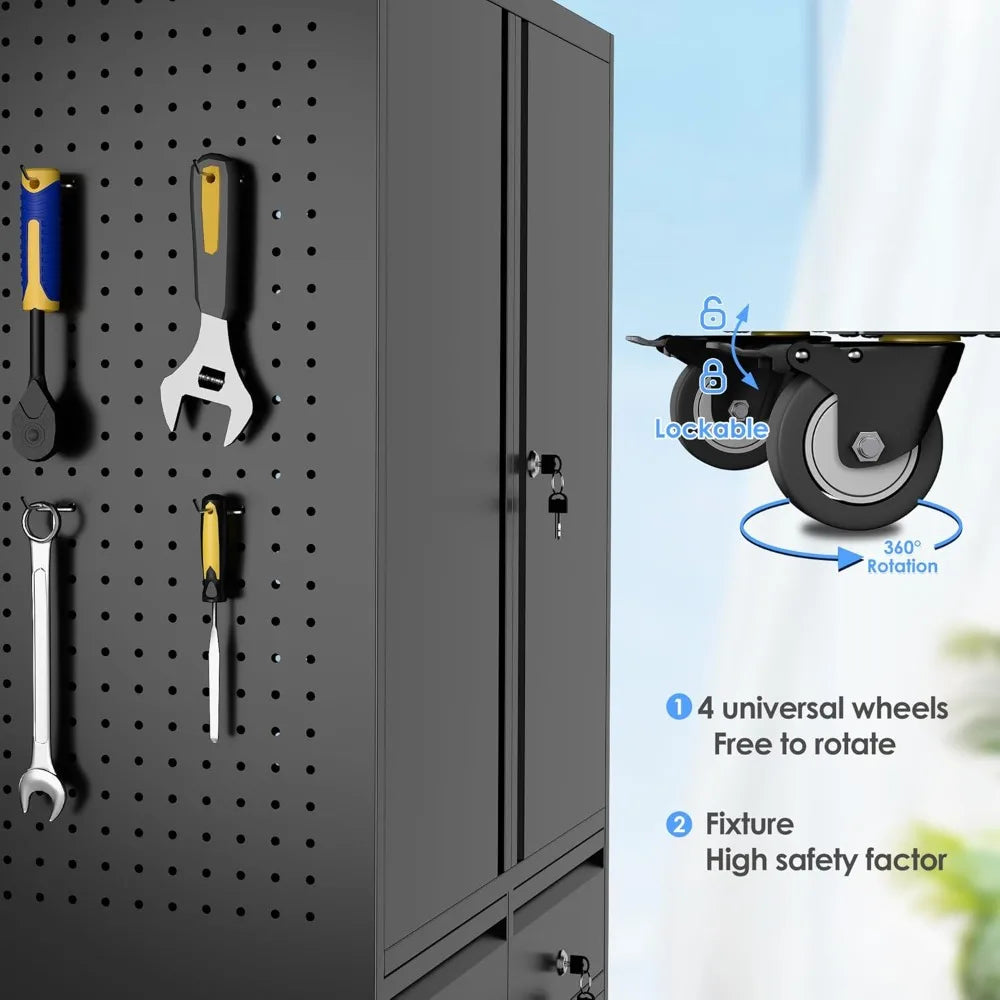 71" Metal Garage Storage Cabinet with 8 Hooks and Pegboards,2 Drawer Rolling Tool Storage with Locking Doors and, Customized