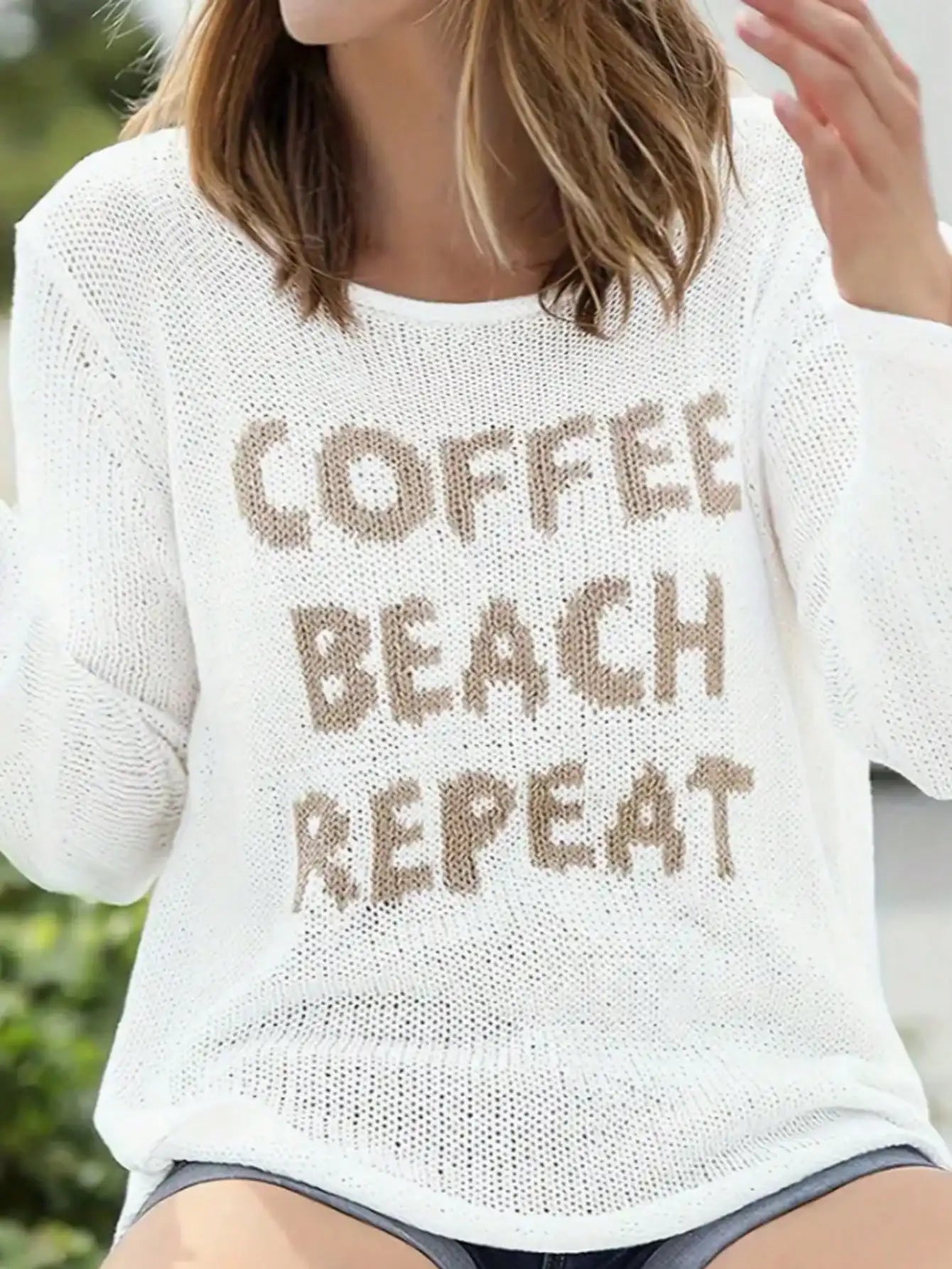 White Coffee Beach Repeat Letter Knit Sweater, Long Sleeve Side Slit Casual Pullover for Women