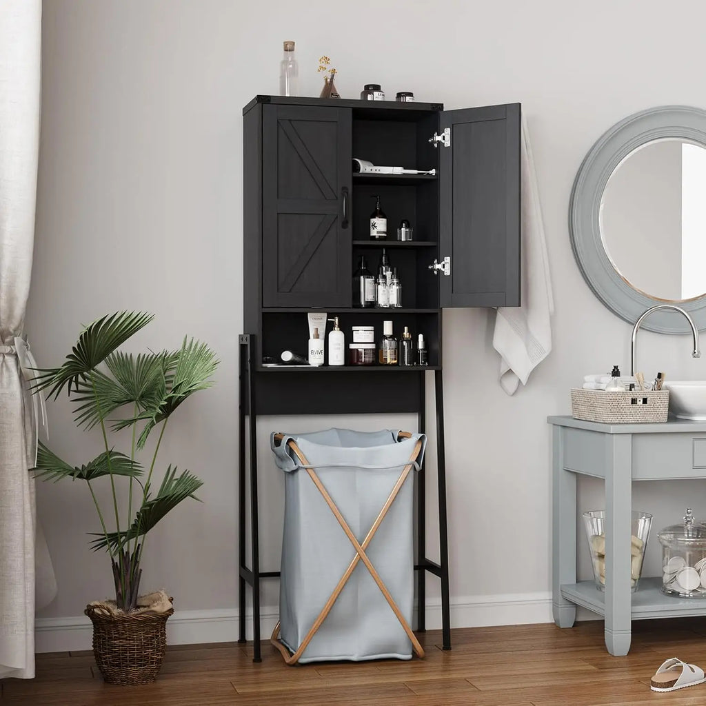 2-Door Over Toilet Storage Cabinet with Anti-Tip Device, Bathroom Organizer in Black for Tidy Spaces
