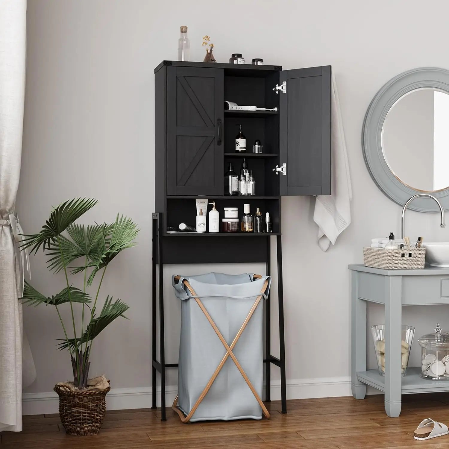 2-Door Over Toilet Storage Cabinet with Anti-Tip Device, Bathroom Organizer in Black for Tidy Spaces