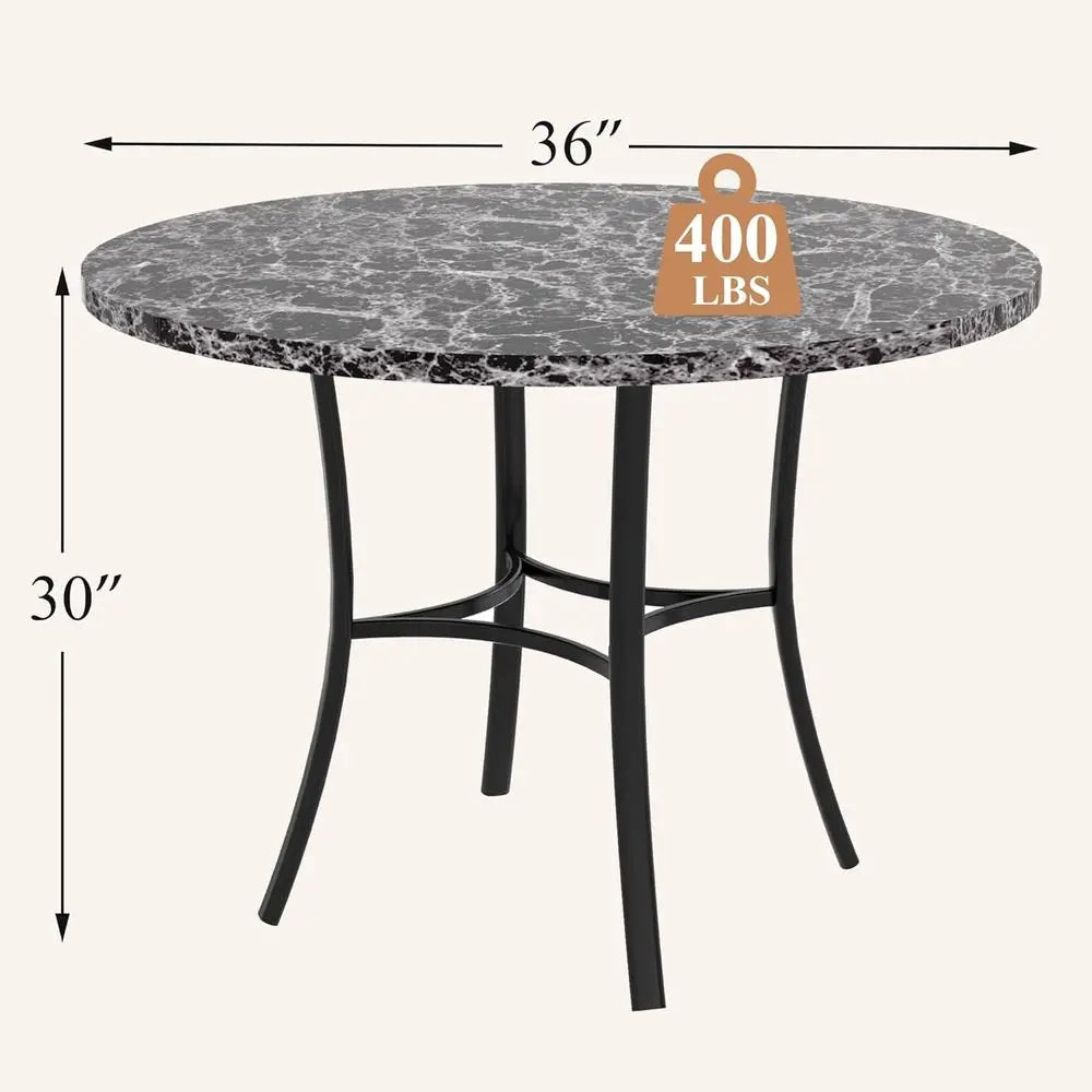 Space-Saving Grey Faux Marble Round Dining Table for 4 with Metal Frame, Ideal for Kitchen and Apartment