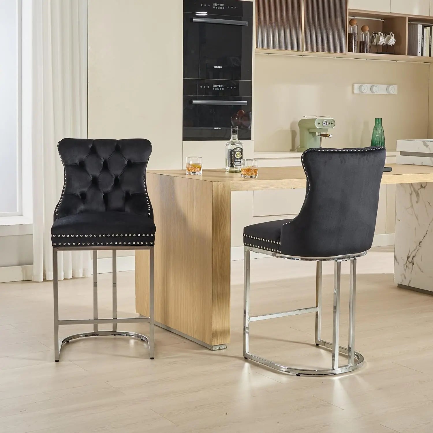 26” Velvet Upholstered Bar Stools Set of 4, Counter Height Bar Chairs with Button Back, Nailhead Rivet Trim, Chrome, Customized