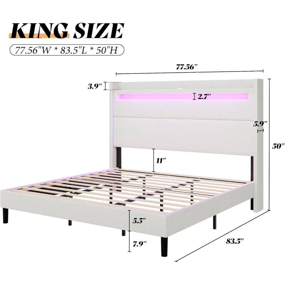 Bed Frame with LED Lights & Wingback Headboard, Upholstered Platform Bed with USB & USB-C Ports, No Box Spring Nee Customized