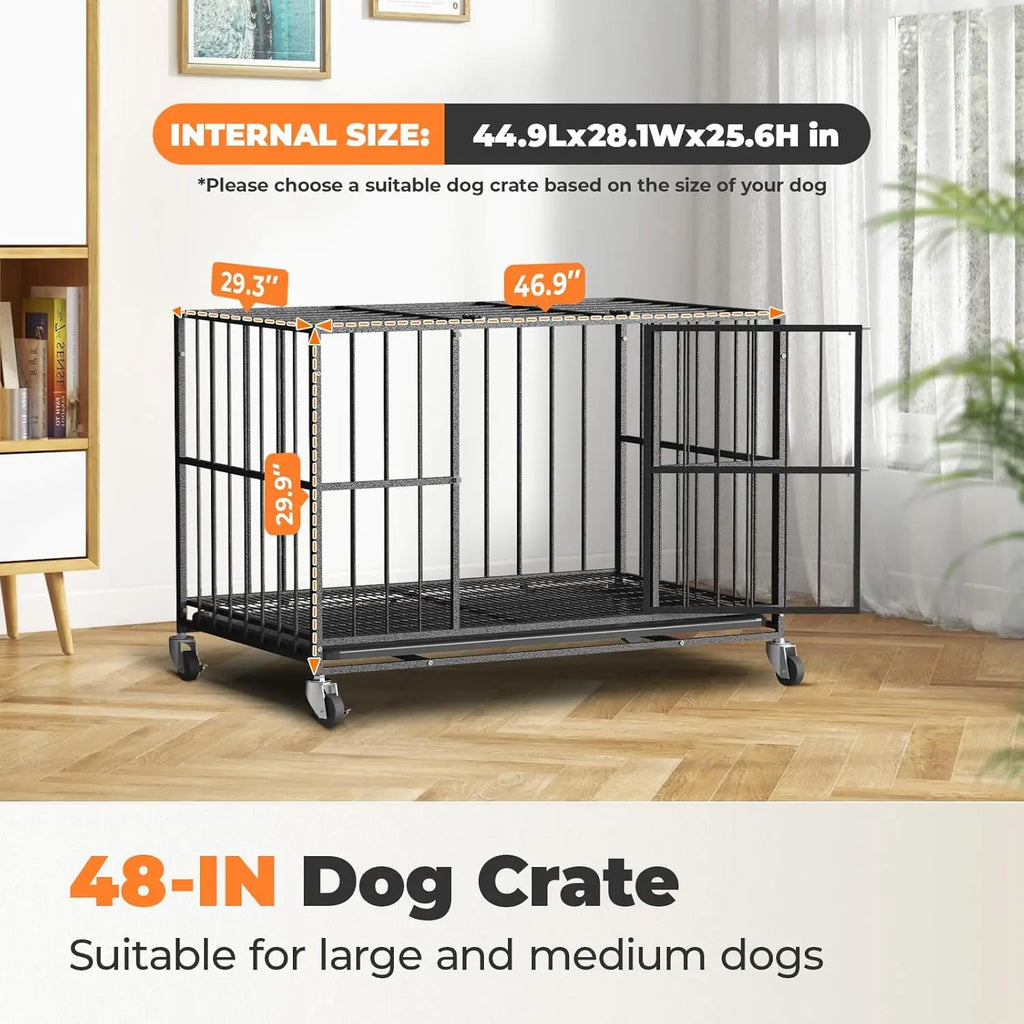 48-Inch Heavy-Duty Steel Dog Crate with Double Doors, Removable Tray, and Wheels for Indoor Use