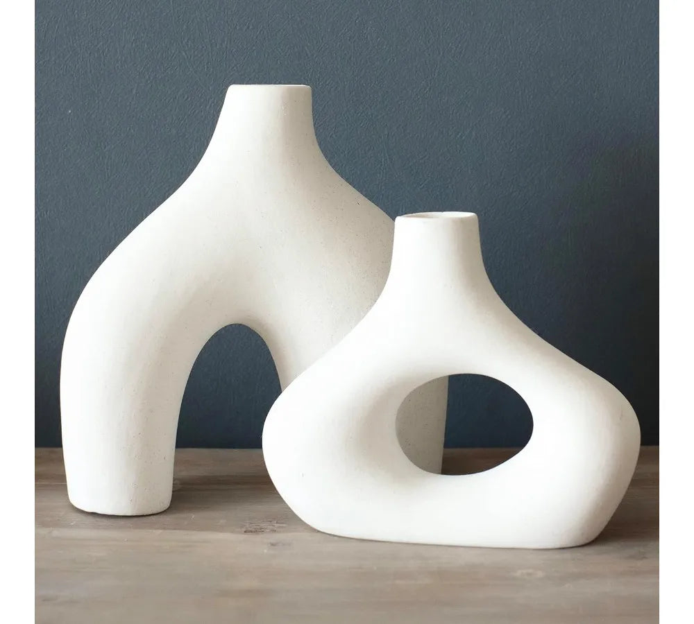 Set of 2 White Large Ceramic Donut Vases - Minimalist Nordic Hollow Centerpiece for Home, Wedding, Office Decor