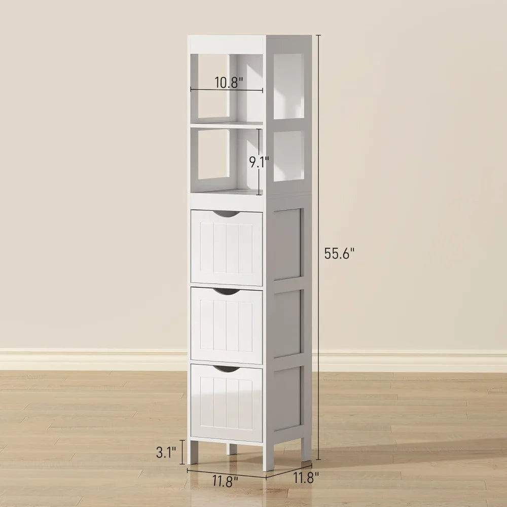 Slim Bathroom Storage Cabinet with 3 Drawers & 2 Shelves, Freestanding Organizer for Small Spaces, White