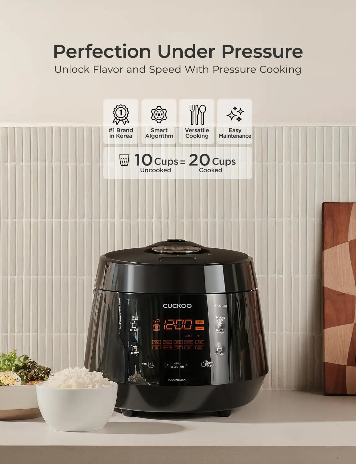High Pressure Rice Cooker with Nonstick Pot, 13 Menu Options, Fuzzy Logic Tech, Auto Clean, Black
