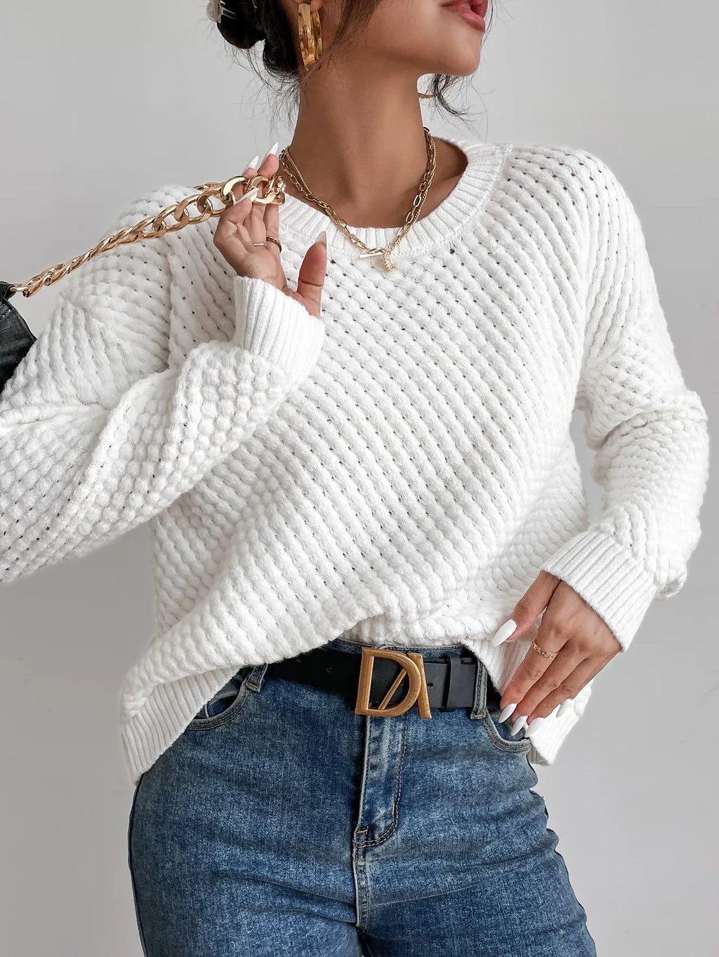 White Chunky Knit Drop Shoulder Sweater, Long Sleeve Pullover for Fall Winter Casual Outfit