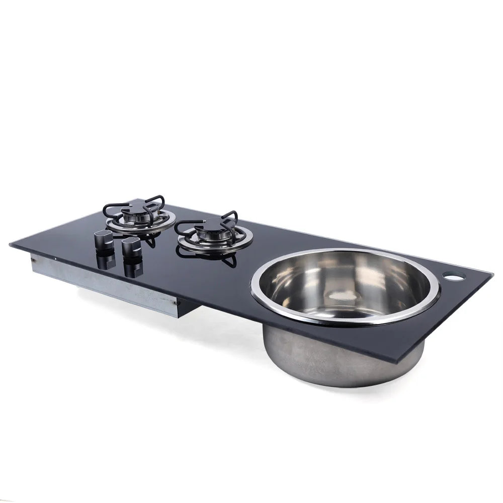Boat Caravan RV Camper 2 Burner LPG Gas Stove Hob w/ Sink Combo Cooktop Tempered Glass Camping Outdoor Portable Dual Fuel Cooker