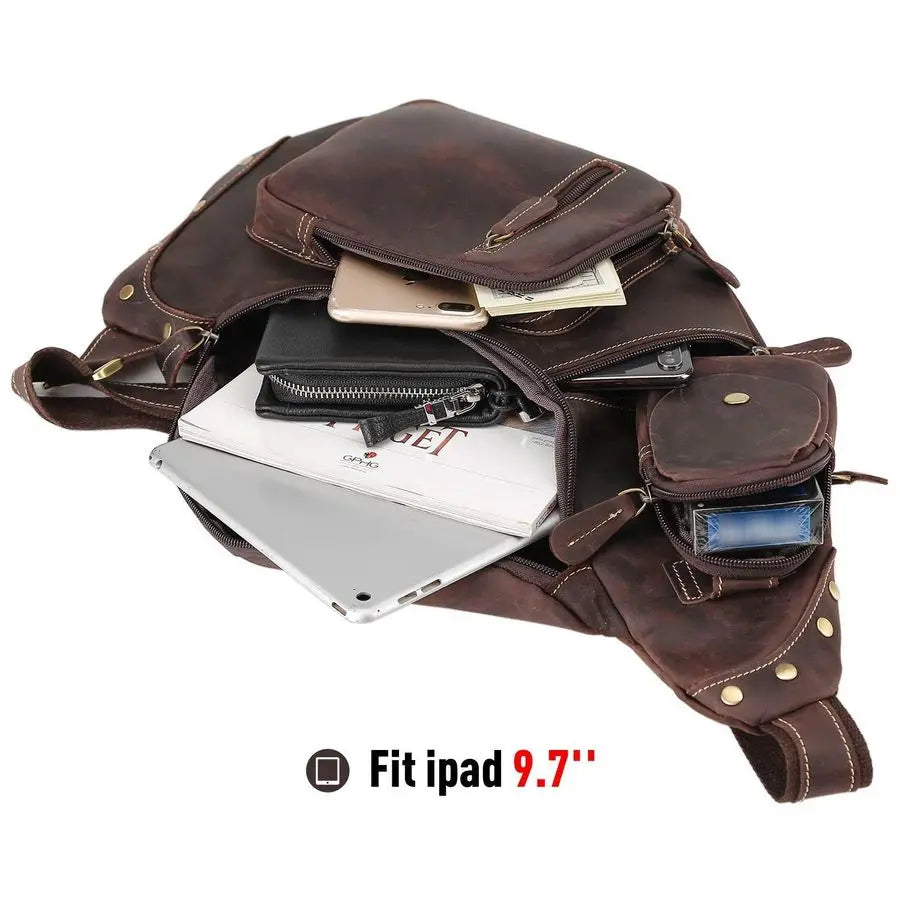 Full Grain Leather Cross Body Sling Bag Chest Bag Backpack Outdoor Camping Tactical Daypack
