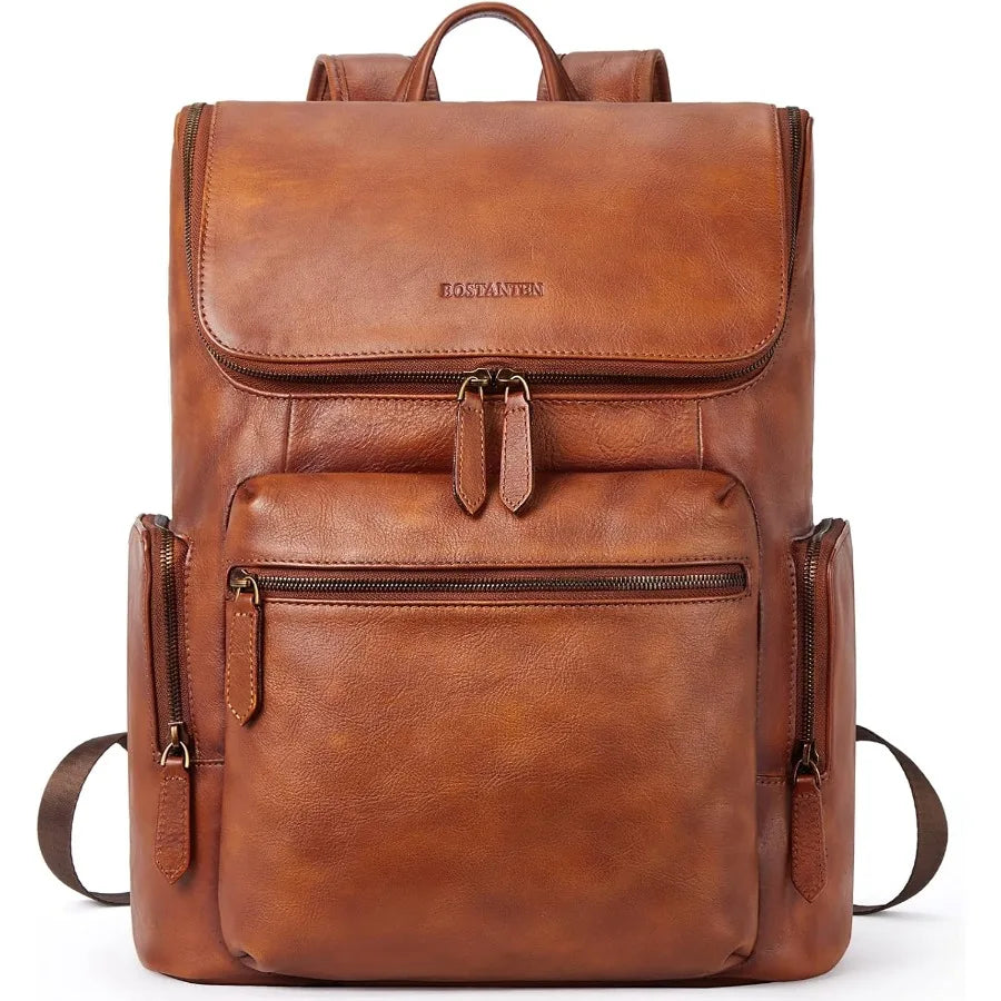 BOSTANTEN Leather Backpack for Men 15.6 inch Laptop Backpack Vintage Travel Office Bag Large Capacity Shoulder Bag Redbrown