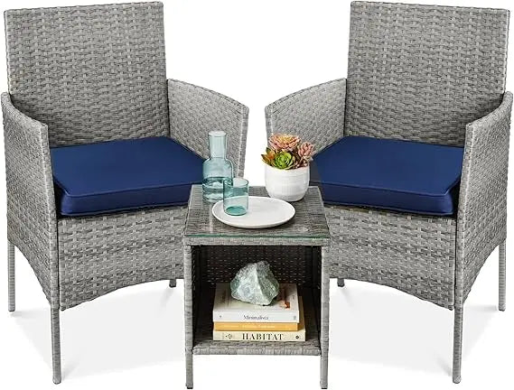 3-Piece Outdoor Wicker Conversation Bistro Set, Space Saving Patio Furniture for Garden w/Side Table - Gray/Navy