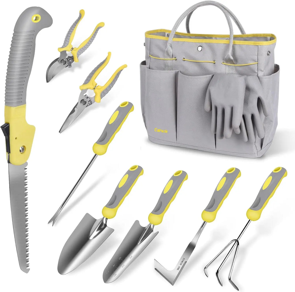 10-Piece Stainless Steel Heavy Duty Gardening Tool Set with Bag and Gloves for Digging Planting Pruning