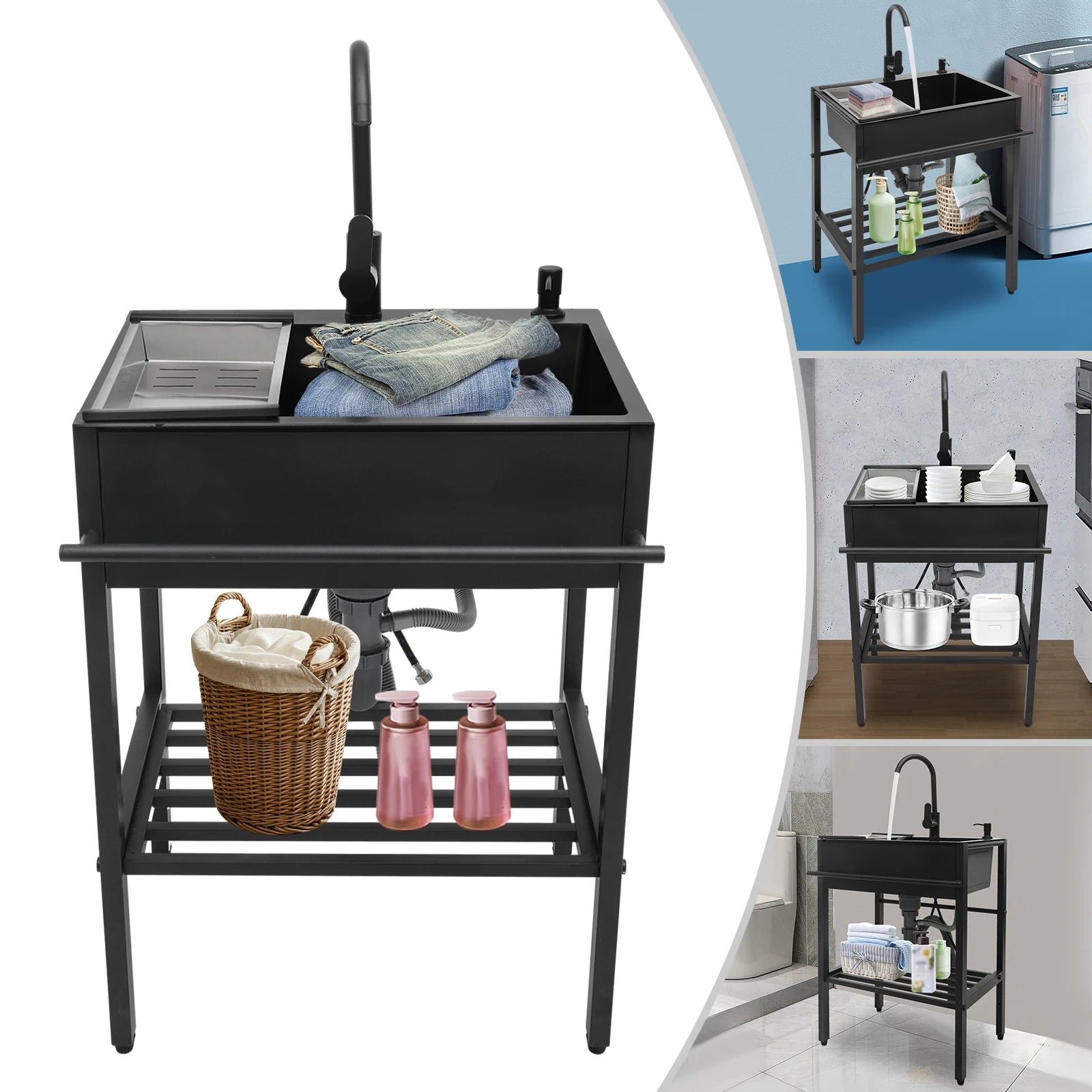 60x45cm Freestanding Stainless Steel Sink with Black Faucet Soap Dispenser Utility Kitchen Laundry Sink