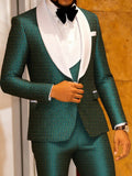 Men's three-piece green jacquard slim-fitting suit set, including paisley pattern suit jacket, vest, and pants, suitable for bal