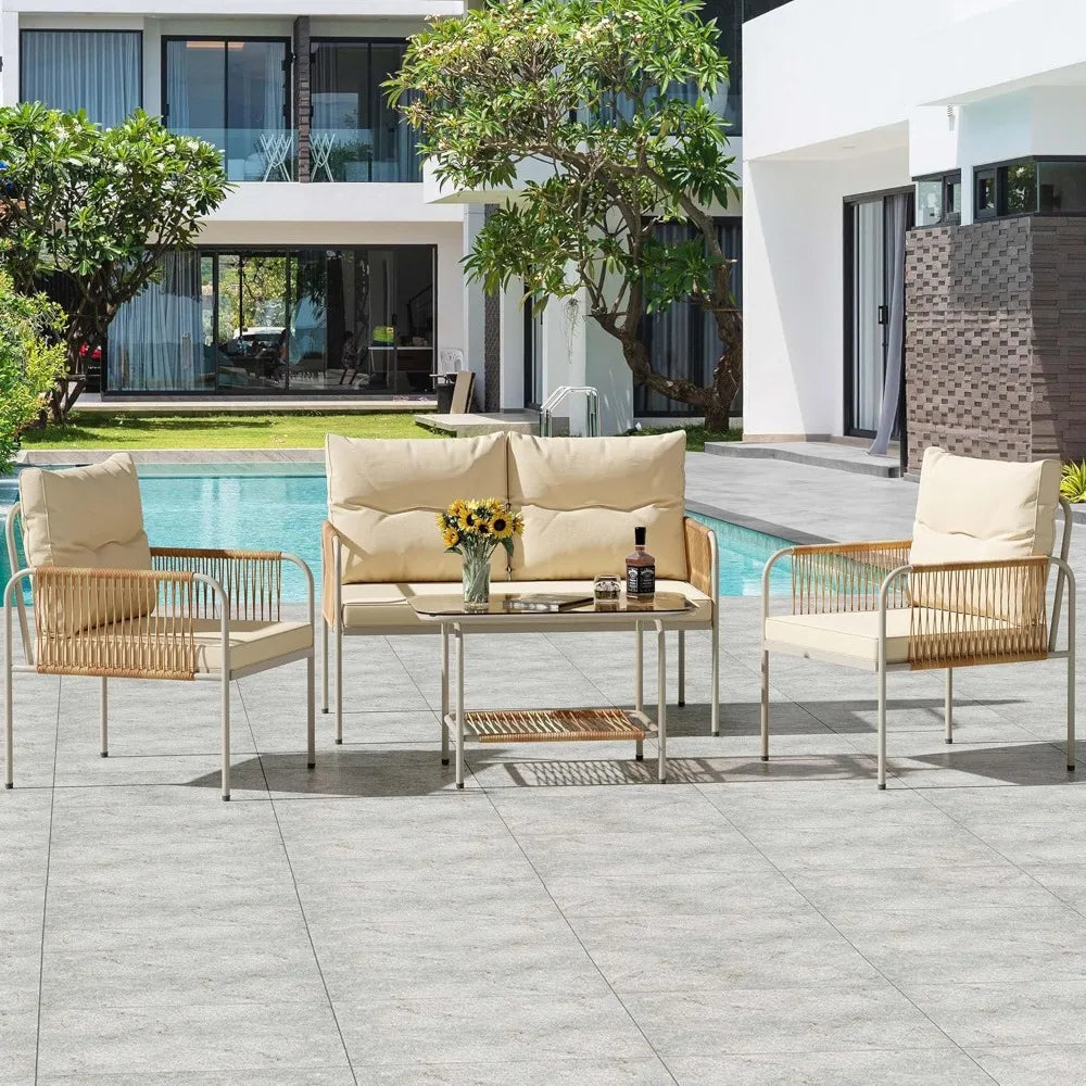 Patio Furniture Set, 4 Pieces Wicker Outdoor Conversation Set, All-Weather PE Rattan Bistro Set with Glass Side Table