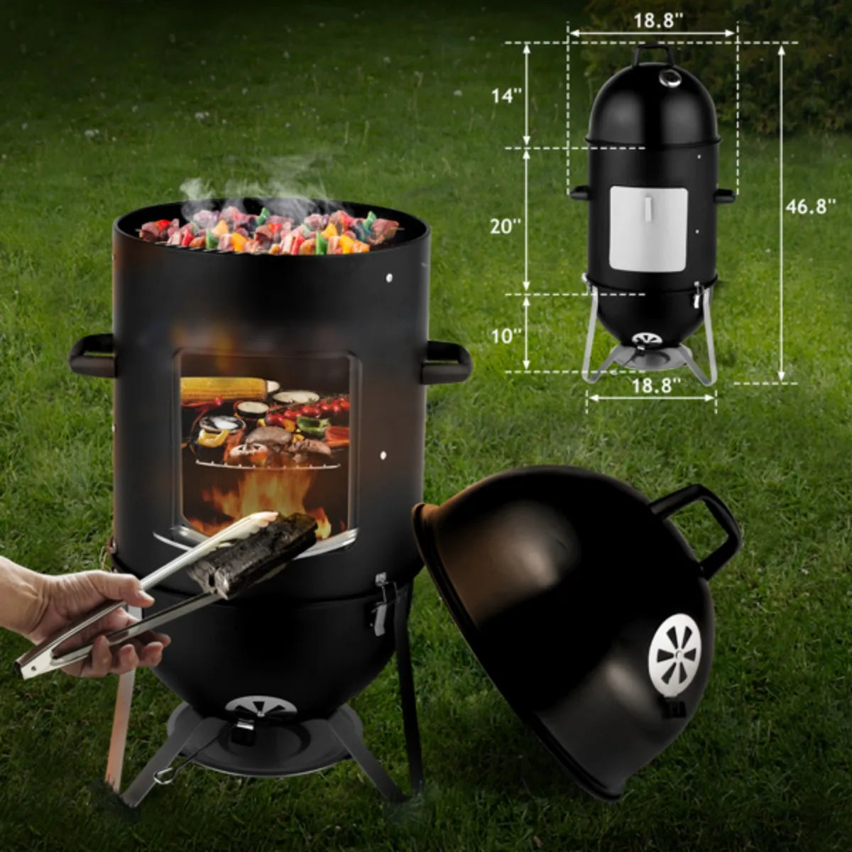 Vertical Steel Charcoal Smoker, Heavy Duty Three Layer Round BBQ Grill Smokey Mountain Cooker for Outdoor Cooking