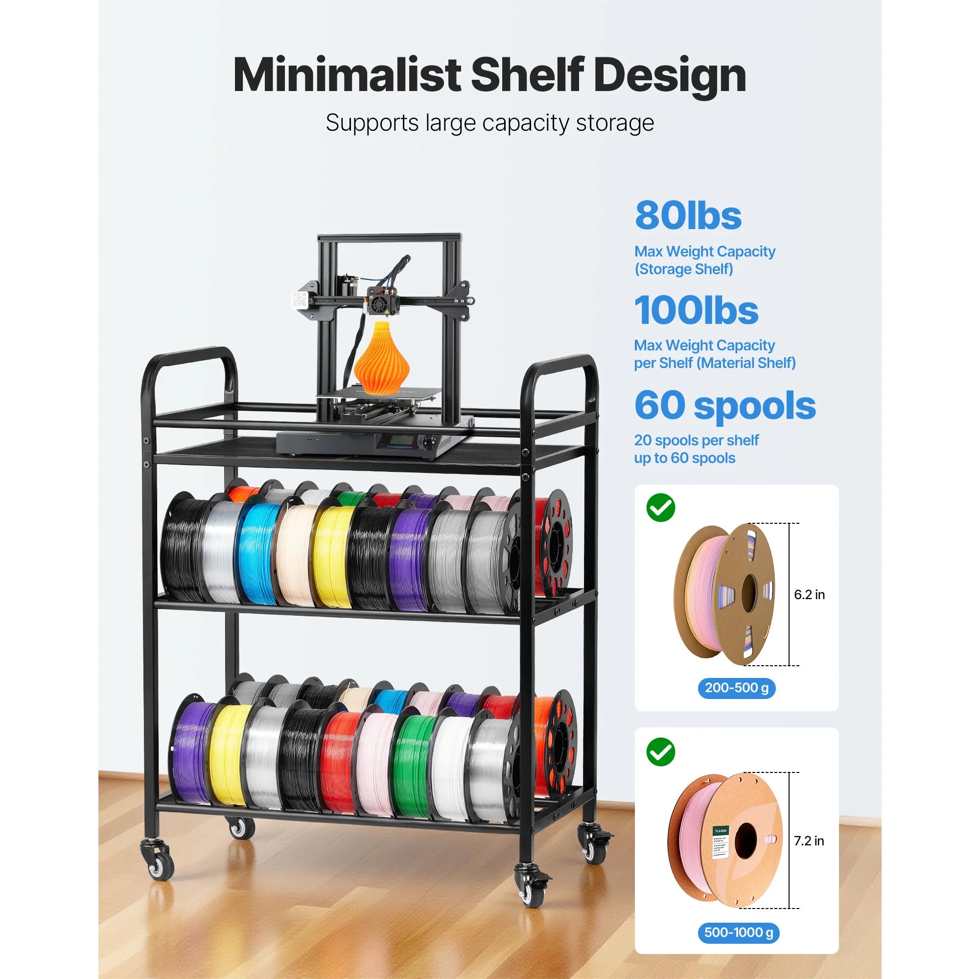 SucceBuy 3 Tier 3D Printer Filament Storage Rack Rolling Filament Spool Holders Racks with Wheels Filaments Organzied for Office