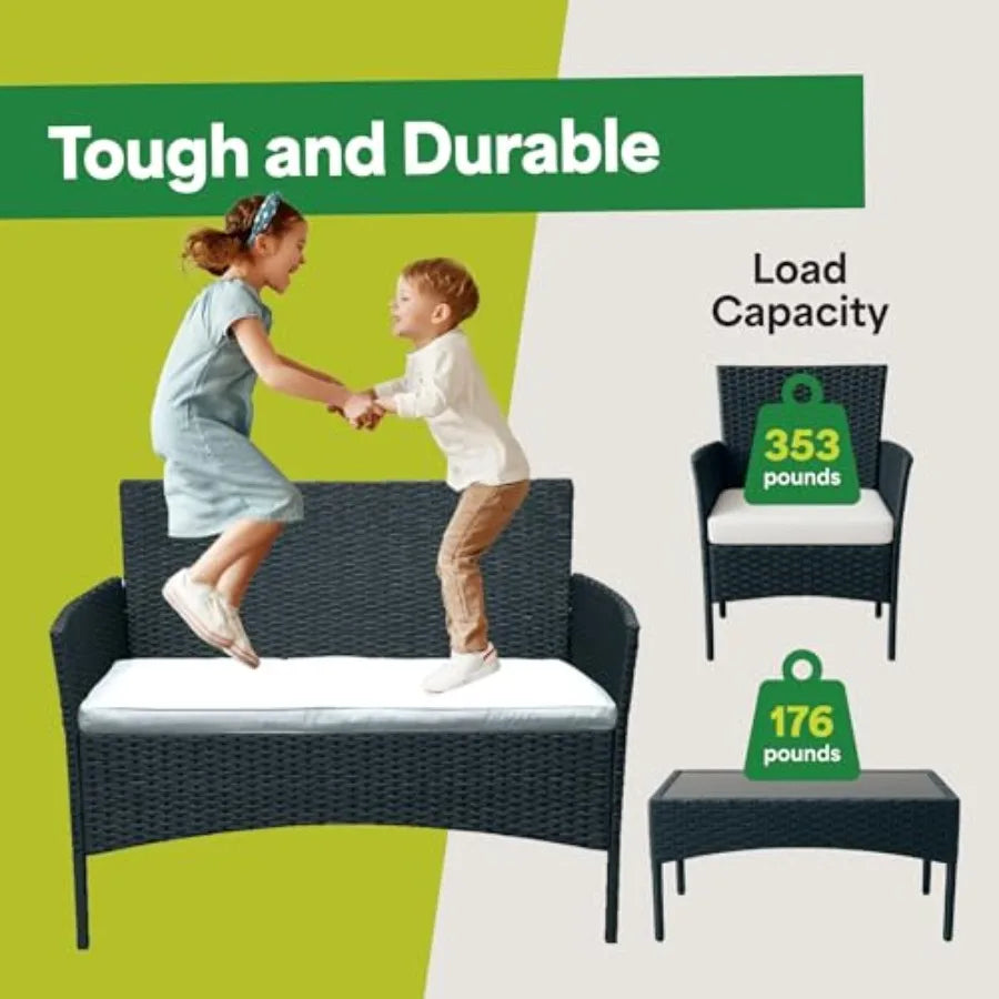 EconoHome 4-Piece Outdoor Patio Furniture Set with Weather-Proof Wicker Rattan Chairs and Loveseat Glass-Topped Coffee Table Cu