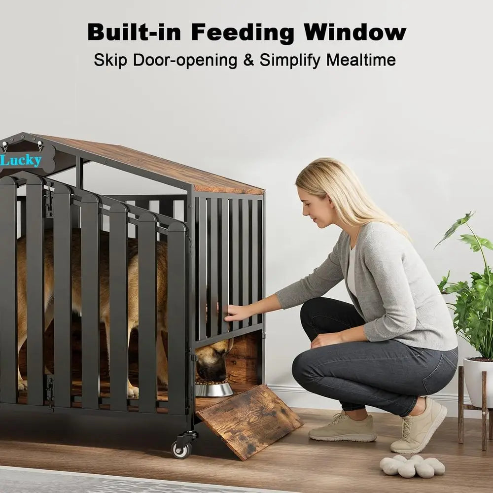 Heavy Duty Dog Crate Furniture, Dog Kennel Indoor with 360° Wheels, Dog Crates for Large Dogs (Over 60lb), Dog House with Feedin