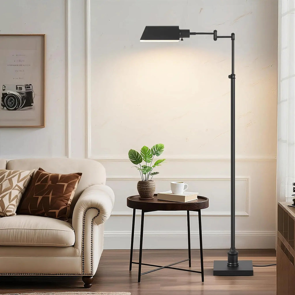 Traditional Adjustable Pharmacy Floor Lamp, 350° Swing Arm, 3-Tone LED Standing Lamp with Metal Shade, Black – for Living Room,