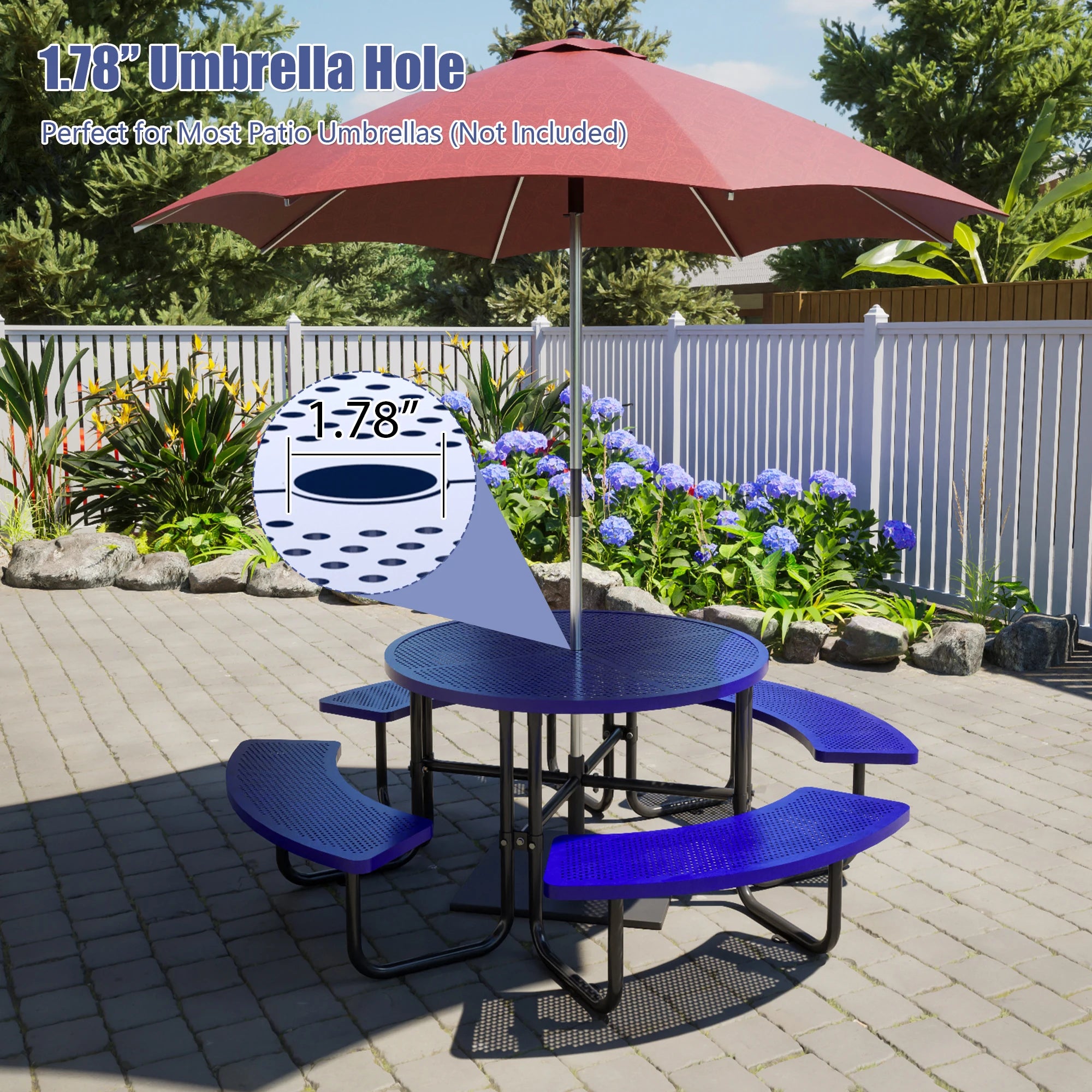 LZBEITEM Round Metal Picnic Table with Umbrella Hole, 46" Steel Portable Picnic Table for Outdoor, Patio, Garden, Courtyard BBQ