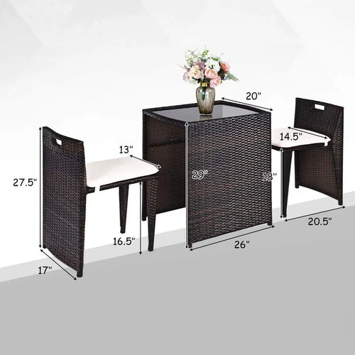 3 Piece Outdoor Rattan Dining Set, No Assembly Patio Bistro Set with Tempered Glass Table, Space Saving Patio Wicker Cushioned