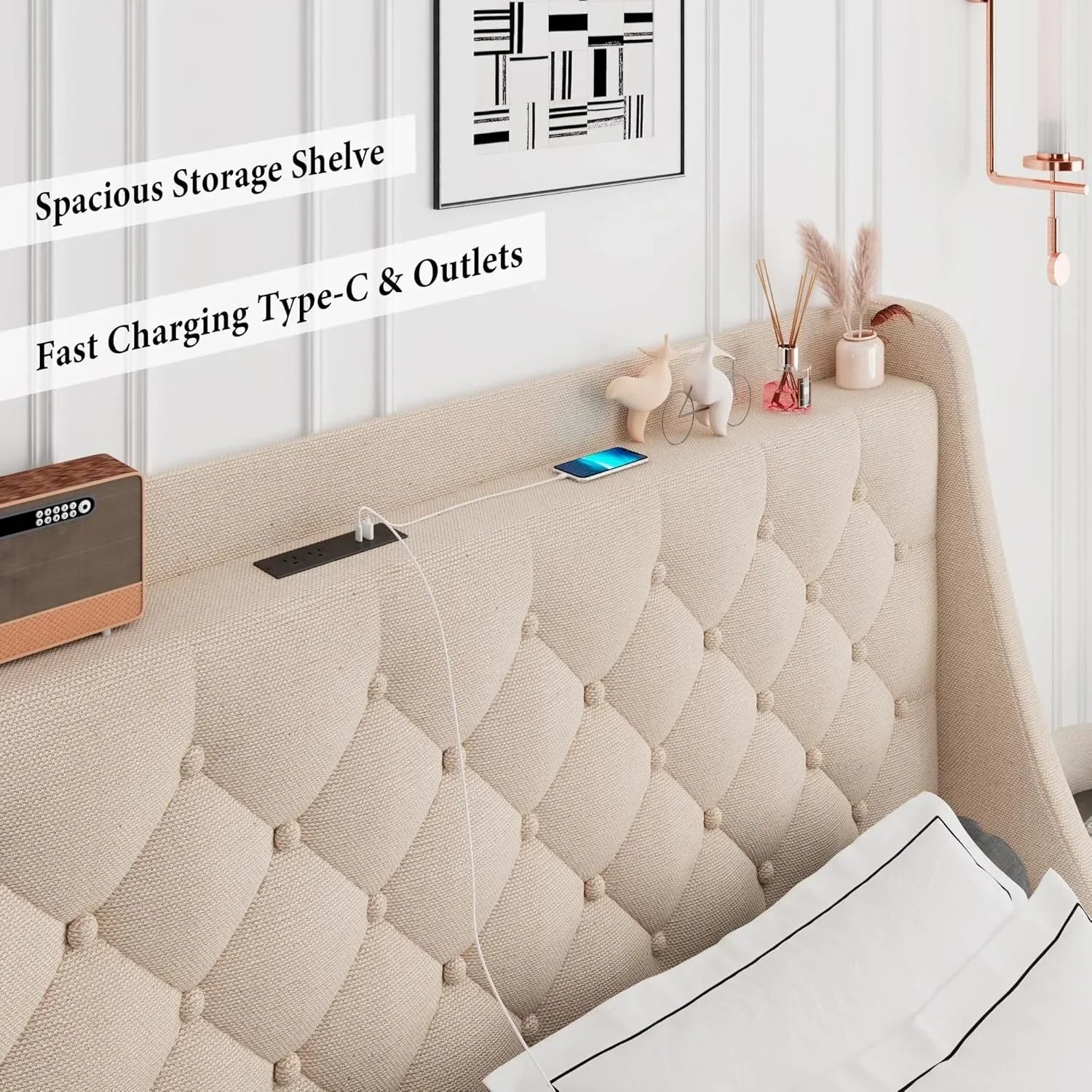 Large bed frame with 4 storage drawers, mattress platform bed frame with Type-C and USB ports, no springs, beige color