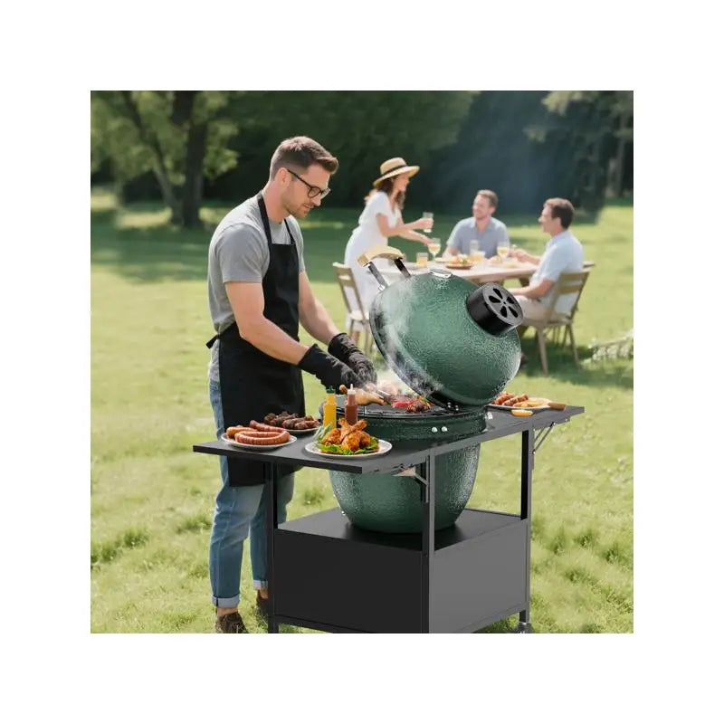 Outdoor Grill Table for Kamado BBQ, Metal Grill Cart with 2 Folding Panels, Fits Large Grills and Kamado Joe Jr, Perfect for
