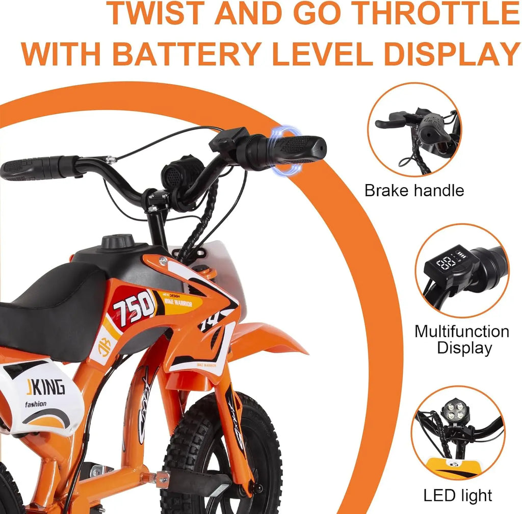 Kids Electric Dirt Bike C6, 12-inch 300W Brushless Motor, 3-Speed LCD, 10 MPH Top Speed, Orange