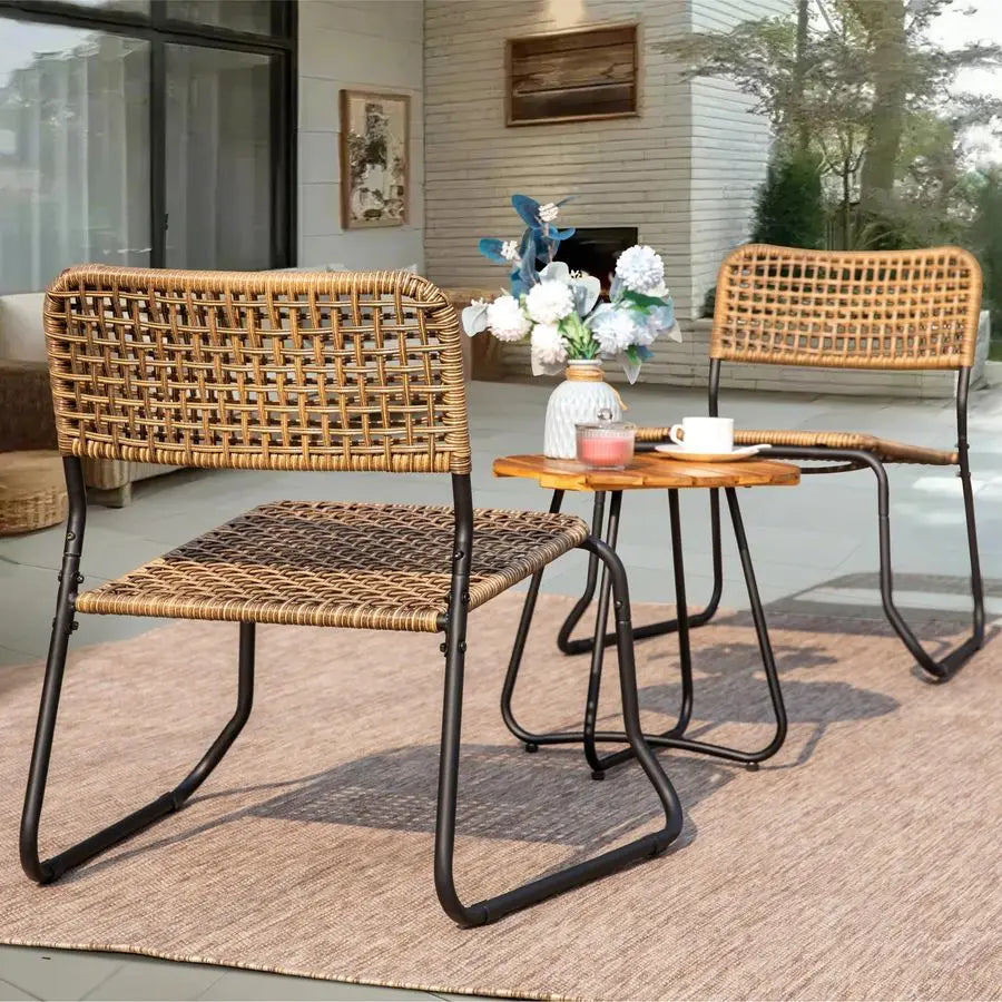 3 Pieces Outdoor Wicker Bistro Set for 2, Stackable Rattan Chairs amp Acacia Wood Round End Table, Small Teak Conversation Furn