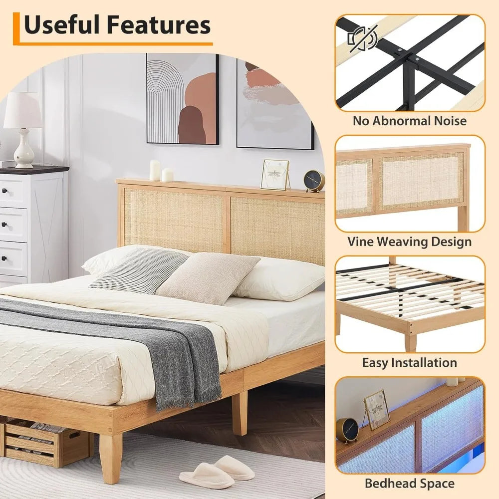 Queen Size Rattan Bed Frame with Natural Headboard, Bohemian Style, LED Lighted Wooden Bed
