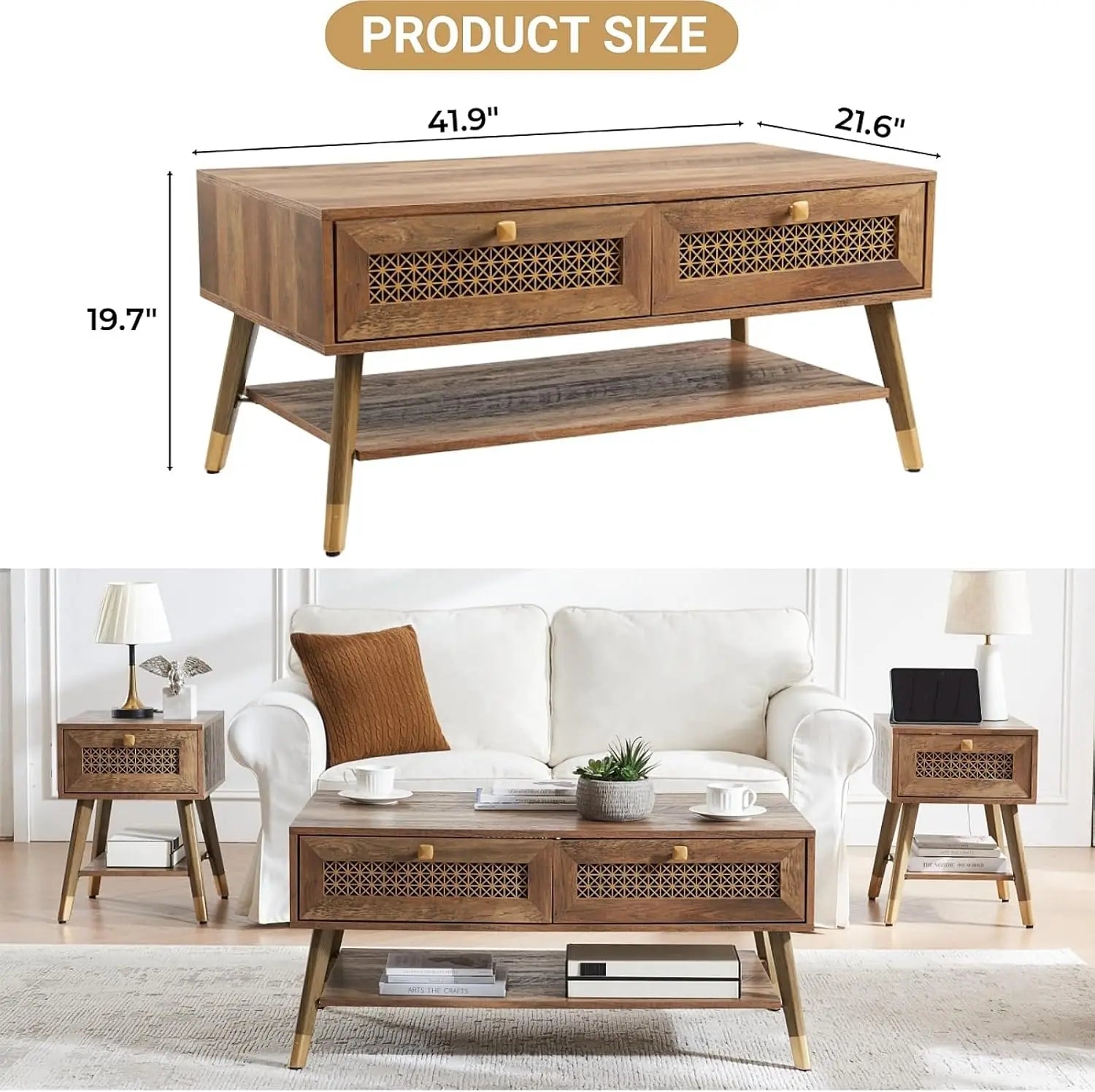 Mid Century Modern Coffee Table with Storage Drawers & Open Shelf, Solid Wooden Boho Rectangle Table