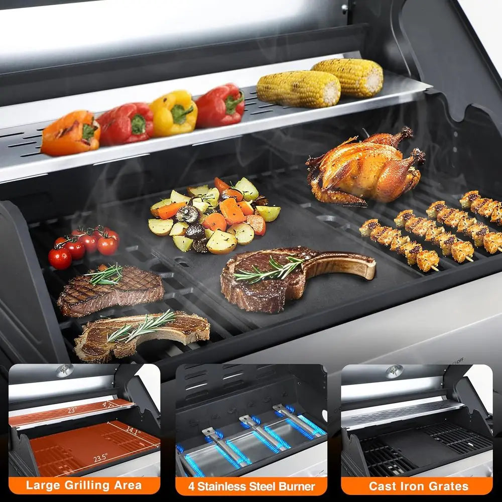 4-Burner 46,790 BTU Outdoor BBQ Grill with Infrared Side Burner, Porcelain Cast Iron Grates, and Stainless Steel Construction fo