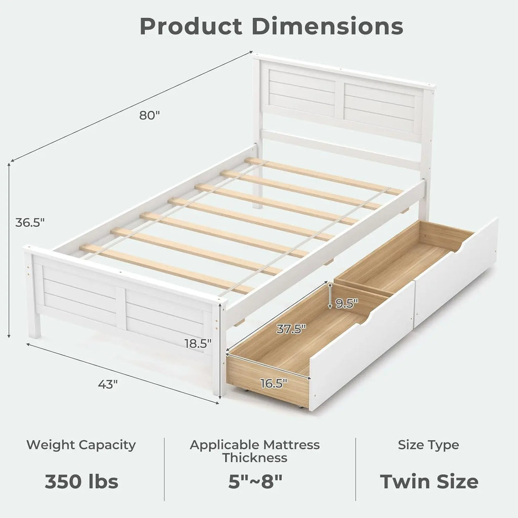 Wood Twin Bed with 2 Storage Drawers, Solid Wood Platform Bed with Headboard, Wooden Slats Support Mattress, Customized