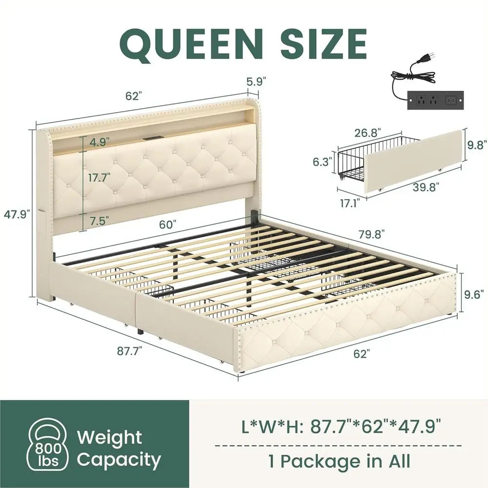 Queen LED Bed Frame with Storage Headboard and USB Charging Station, Velvet Upholstered Platform Bed Frame with 4 ，Customized