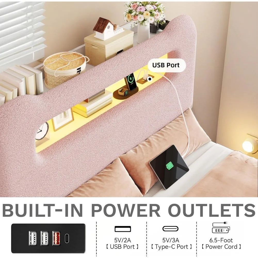 Full Size Boucle Upholstered Bed Frame with Storage Headboard, LED Lighting and USB Ports, No Box Spring Required, Pink
