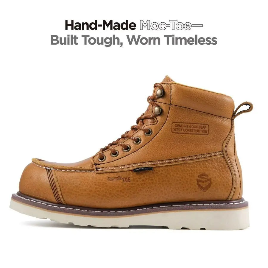 Mens 6 Heavy Duty Waterproof Work Boots Composite Toe, EH Construction Industrial Safety Leather Boots, Lace Up Moc Toe, Oil Sli
