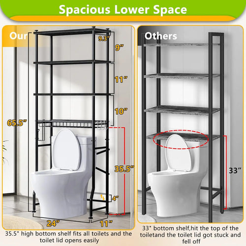4-Tier Over-The-Toilet Storage Rack with Adjustable Shelf and Basket, Freestanding Space Saver for Bathroom (Black)