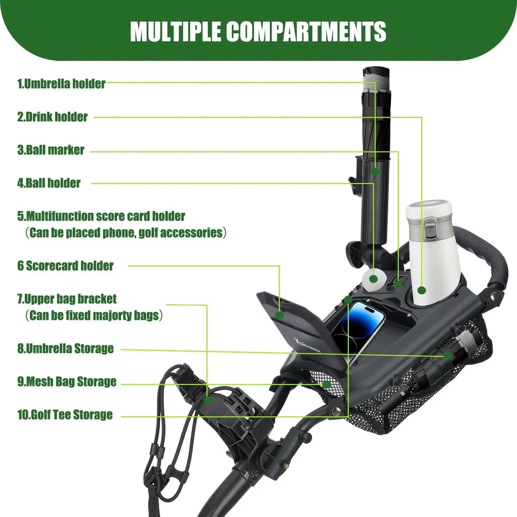 XDriveMax Golf Push Cart 3-Wheel With Umbrella Stand, Swivel Front Wheel Designed For Golf Clubs And Bags Enhanced Storage