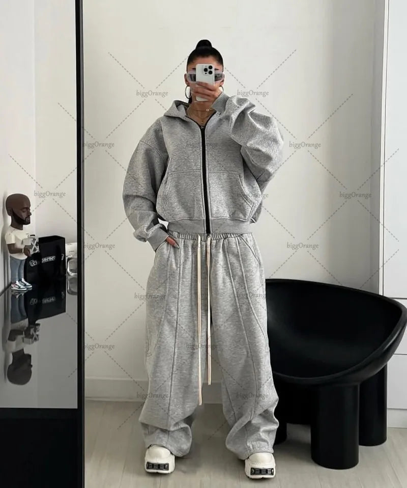 Gray High Street Retro Y2k Sports Suit for Women Striped Embroidered Multi-pocket Zipper Hoodie Men Casual Fashion Floor Pants