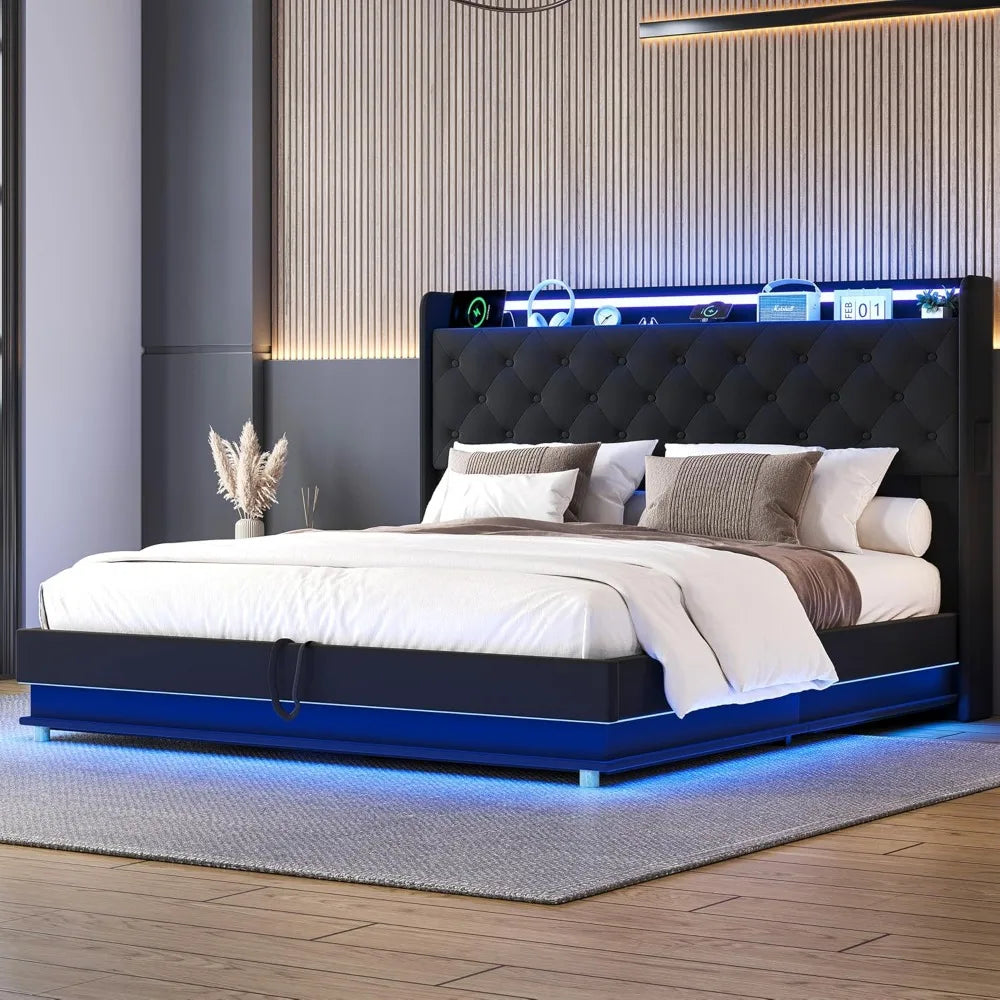 Lift Up Storage Bed Frame Queen Size with Charging Station & Led Lights,Upholstered Platform Bed with Wingback Storage Headboard