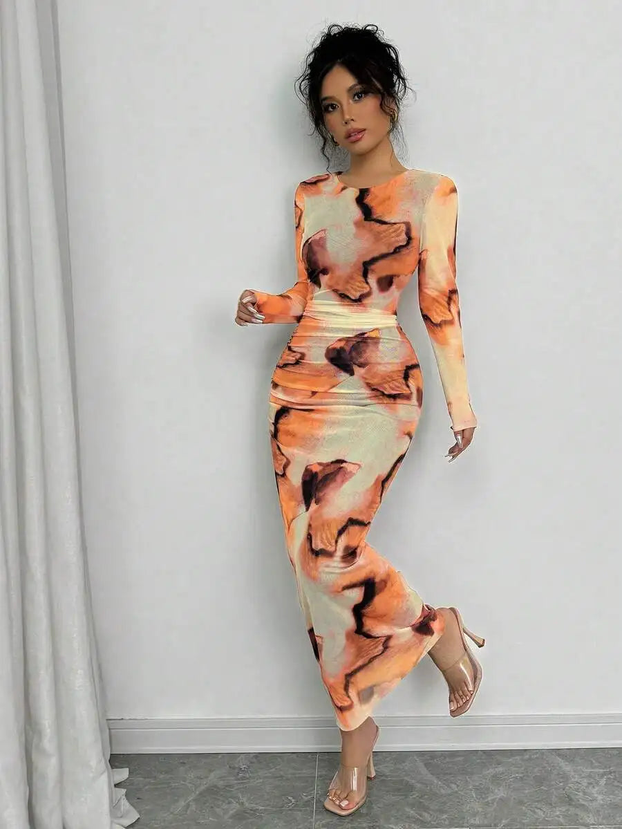 Elenzga Elegant Gradient Long Sleeve Slim Fit Women's Dress Fall Cloth For Women