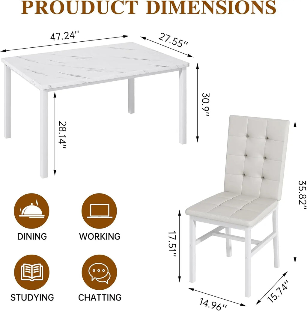 Dining Table Set for 4, Faux Marble Kitchen Table with 4 Leather Chairs, Modern White Dinette Set for Small Spaces