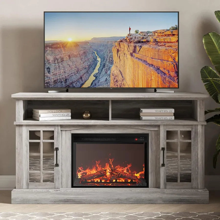 Traditional 58 Rustic TV Stand with 23 Electric Fireplace Heater and Sound Media Entertainment Center Console Table for TV up t