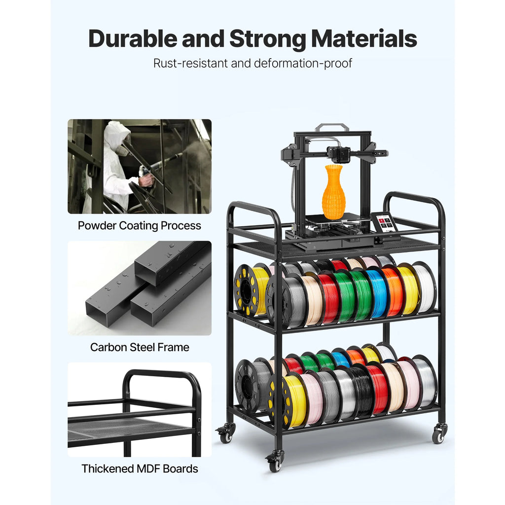 SucceBuy 3 Tier 3D Printer Filament Storage Rack Rolling Filament Spool Holders Racks with Wheels Filaments Organzied for Office