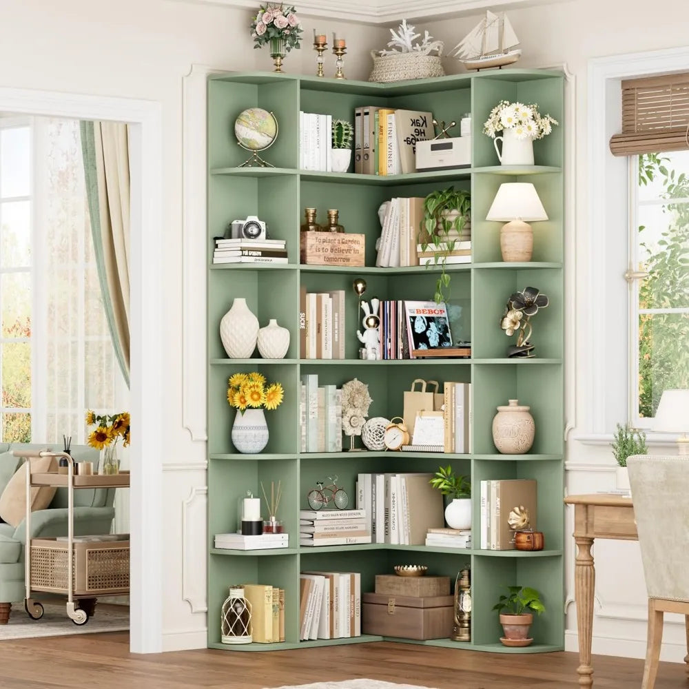 6-Tier Tall Corner Bookshelf with Open Storage, Wooden 74 High Bookcase for Home Organization and Storage Solutions