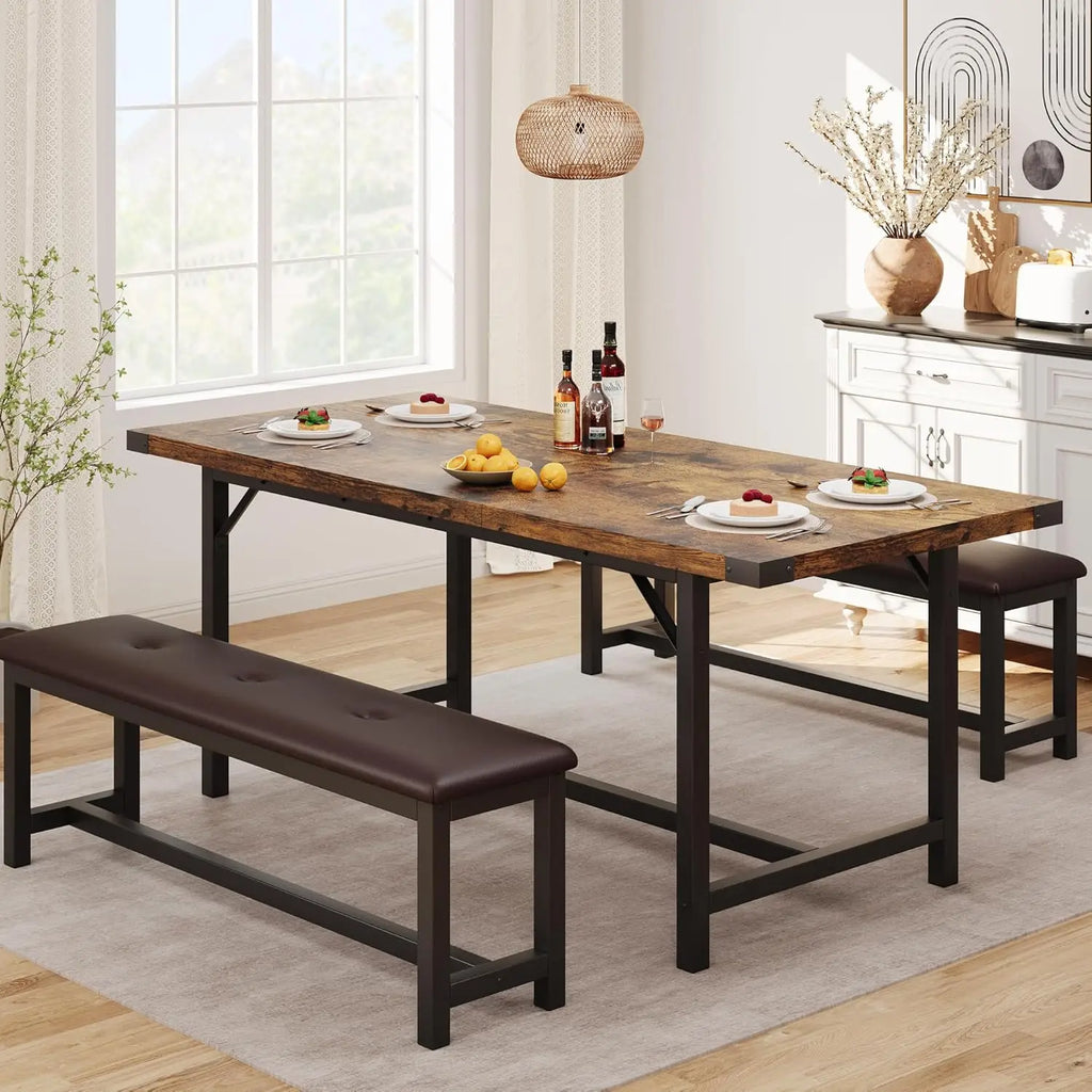 3-Piece Dining Table Set for 4-6 People, Extendable Kitchen Table Set with 2 Upholstered Benches, Dining Room Table, Customized